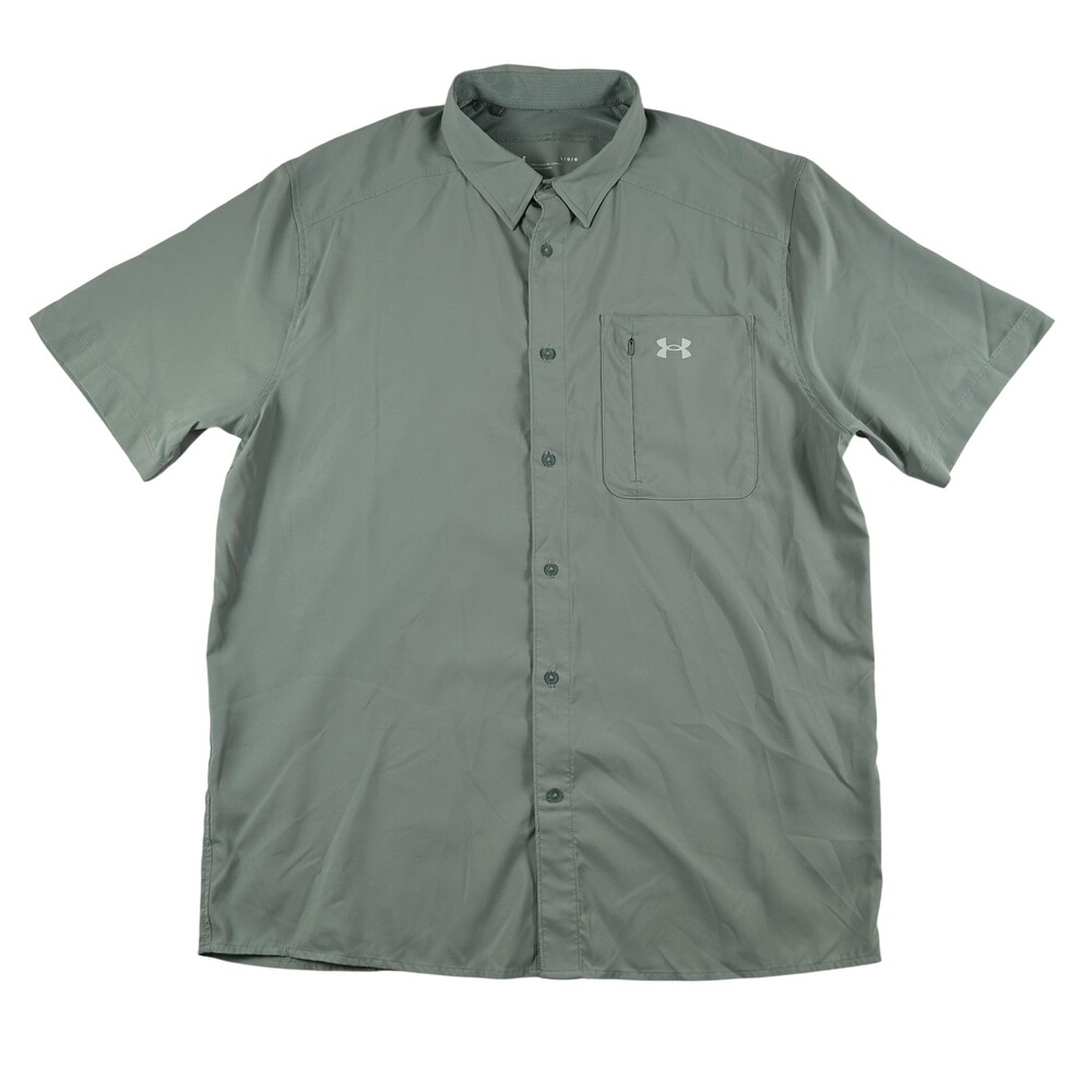 Under Armour Shirt Mens Large Solid Short Sleeve Button Up Outdoor Vented Green